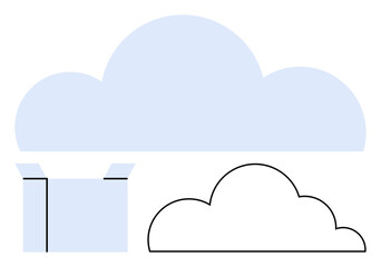 Open box with large blue cloud emerging, alongside outlined cloud. Ideal for data storage, innovation, cloud technology, networking, creativity, digital solutions, flat simple metaphor