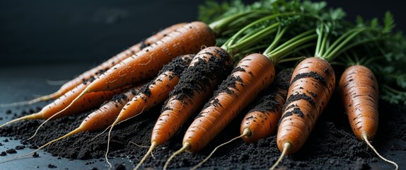Freshly Harvested Carrots with Soil on Dark Background Ready for Culinary Use and Nutrition