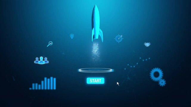 Rocket startup launch with start button and text success, concept of business. Looping video and alpha channel for transparent background.
