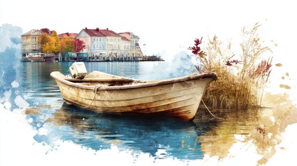 Fototapeta premium Solitary Boat in Urban Canals: Impressionistic Oil Painting with Vibrant Colors, Rich Details, Soft Lighting, Sepiatone Aesthetic Chaos