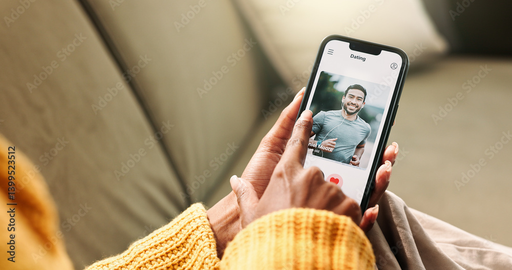 Poster woman, hands and phone screen for dating app at house with online meeting, profile match and connect
