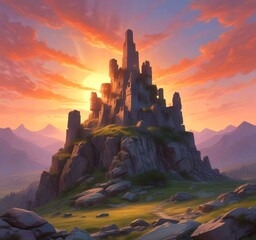 Illustration of landscape with old castle ruins.