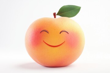A happy peach with a smiling face and a green leaf on top.