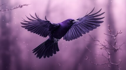 Naklejka premium Purple Crow in Flight, Misty Forest Background
