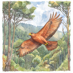 majestic eagle soaring gracefully over lush forest, surrounded by tall trees and vibrant greenery