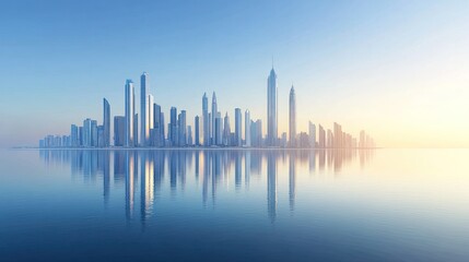 Obraz premium Sunrise city skyline reflected on calm water. Possible use Stock photo for travel brochures, websites, or printed materials