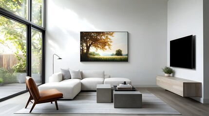 Sophisticated and Stylish Modern Farmhouse Living Room with Curated Blend of Contemporary and Vintage Decor Elements Cozy and Inviting Atmosphere Natural Light Streaming Through Large Windows