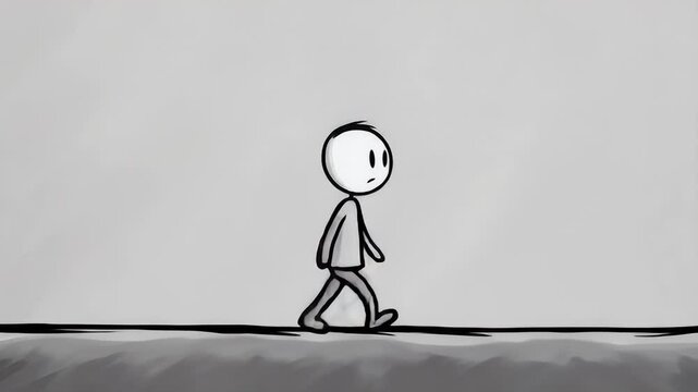 A simple stick figure strolls across a plain backdrop. His neutral expression is curious
