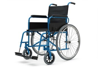 Fototapeta premium A blue wheelchair with black seat and armrests isolated on a white background in studio lighting