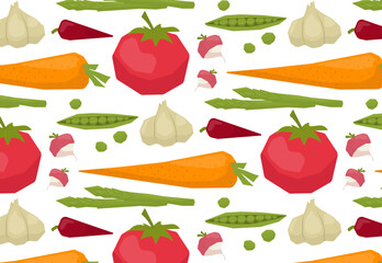 Seamless vector illustration featuring various fresh vegetables including tomatoes, carrots, garlic, and peas arranged in a colorful pattern, ideal for kitchen decor or culinary design projects.
