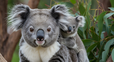 Fototapeta premium Cute Koala mother carrying its joey on its back while perched on a branch, demonstrating maternal care in the wild.