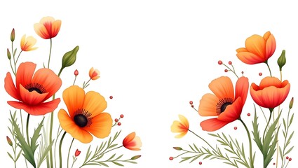 Vibrant orange poppies watercolor painting delicate floral art summer blooms soft white background