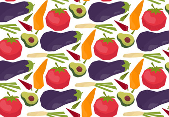 Seamless vector illustration of various colorful vegetables including tomatoes, avocados, eggplants, and carrots arranged in a repeating pattern. Ideal for backgrounds, textiles, and culinary designs.