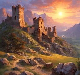Fototapeta premium Illustration of landscape with old castle ruins.