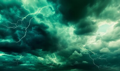 Dramatic Green Storm Clouds With Lightning Strikes Atmospheric Weather Phenomenon