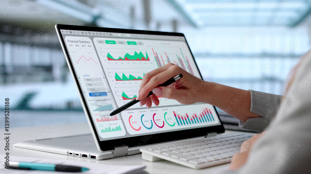 Poster female data analyst analyzing financial data