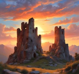 Fototapeta premium Illustration of landscape with old castle ruins.