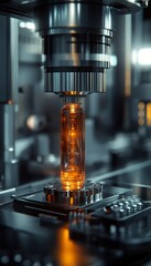 Close-Up of Advanced Manufacturing Equipment Processing Transparent Bottle with Orange Liquid in Modern Lab