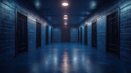 Dark prison hallway, illuminated by spotlights, reflecting on wet floor, with many dark cells