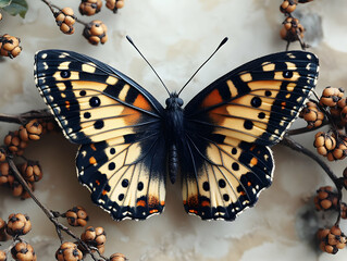 Detailed butterfly with black and orange wings against a floral background on a textured surface
