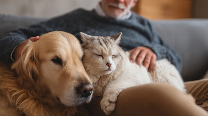 Senior man relaxing with golden retriever dog and tabby cat on couch a heartwarming pet therapy moment