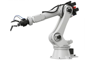 A robotic arm with a gripper on a white background showcasing industrial automation technology and precision