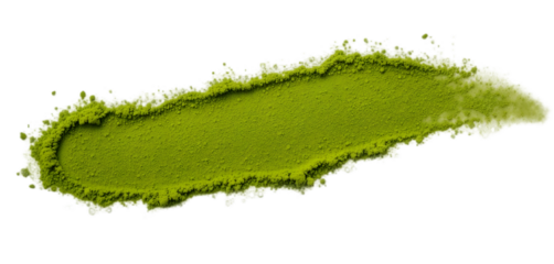 Matcha bright green powder line, tea isolated on white background, top view 
