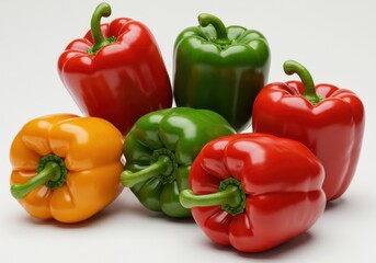 A colorful assortment of bell peppers in red green and yellow sitting on a white surface together close up