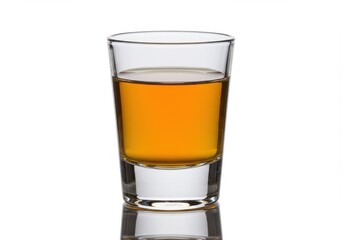 A shot glass filled with a golden liquid sitting on a reflective surface against a white background