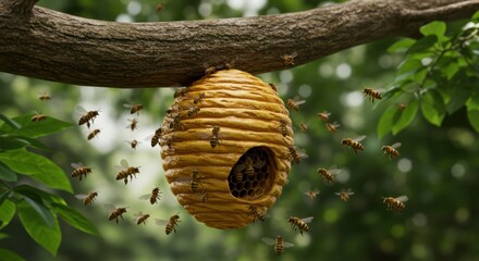 Busy Bees Swarm Around Their Honeycomb Hive Hanging from a Tree Branch in a Lush Green Forest