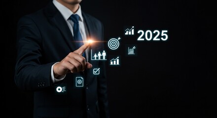 Obraz premium With ascending neon blue business growth icons leading to a glowing 