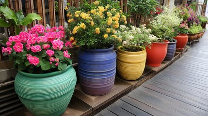 Fototapeta premium Row of Colorful Potted Plants in Outdoor Garden