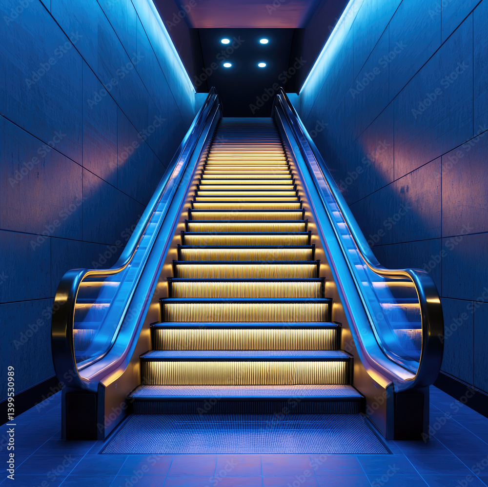 Poster modern escalator illuminated by blue and warm lights, leading up sleek staircase in contemporary sub