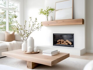 Tranquil and welcoming modern farmhouse inspired living space centered around a stone fireplace with a reclaimed wood mantel  Soft