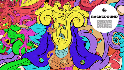 Playful Cartoon Monster Character with Tentacles, Eyes, Feathers, and Leaves – Fun Fantasy Wallpaper Design