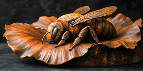 Detailed furry bee resting on a patterned orange leaf with a dark textured background providing contrast