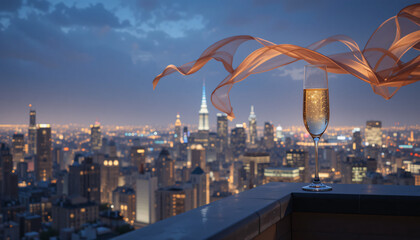 High-rise rooftop at midnight, city skyline glowing below, a champagne glass on the edge reflecting city lights, wind blowing a silk scarf off frame