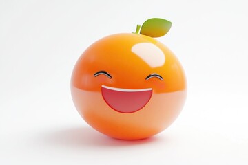 A 3D rendering of a happy orange with a wide smile and a single leaf.