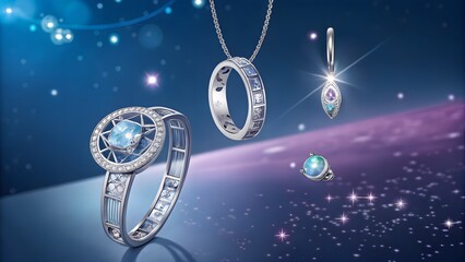 Cinematic close-up of futuristic jewelry infused with AI technology, suspended mid-air in an elegant setting. Great for luxury product showcases, innovative fashion-tech, and premium branding visuals.