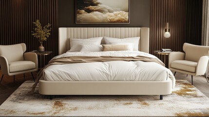 A luxurious cream-colored bedroom suite with tufted headboard.