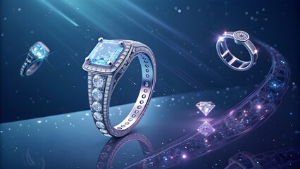 Cinematic close-up of futuristic jewelry infused with AI technology, suspended mid-air in an elegant setting. Great for luxury product showcases, innovative fashion-tech, and premium branding visuals.
