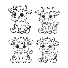 Set a chibi fluffy style cow sitting silhouette line art vector for coloring book