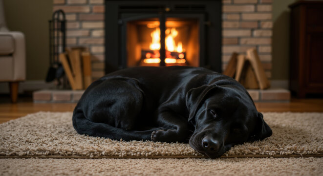 Black labrador retriever sleeping on carpet in front of brick fireplace with burning fire. Cozy pet resting at home for winter comfort and pet lifestyle advertising materials