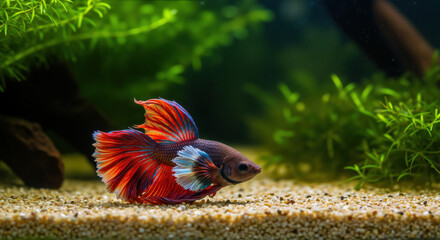 Betta fish with red and blue flowing fins swimming near sandy aquarium bottom with green plants. Siamese fighting fish in home tank for aquatic pet care and decorative fish keeping guides