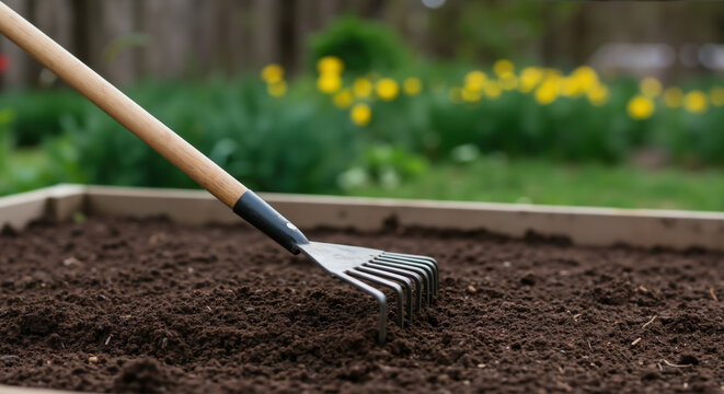 Garden rake smoothing soil in raised bed with flowers in background. Spring gardening tool for soil preparation and planting