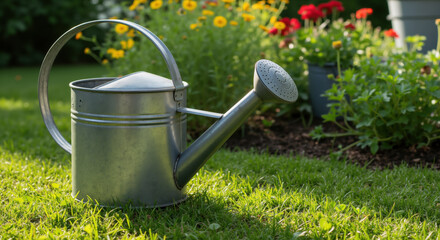 Metal watering can on green lawn with colorful flower garden in background. Traditional gardening tool for plant irrigation and garden maintenance
