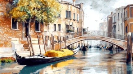 Fototapeta premium Venice Canals with Gondolas - Atmospheric Landscape Oil Painting with Rich Details and Sepiatone Aesthetic