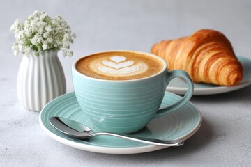 A flat white on a ceramic plate with a croissant next to it