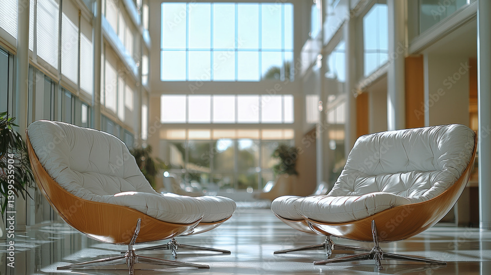 Poster elegant lounge chairs in modern interior space with large windows allowing natural light to flood in
