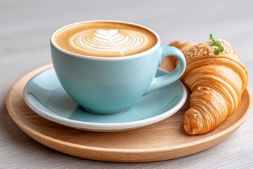 A flat white on a ceramic plate with a croissant next to it